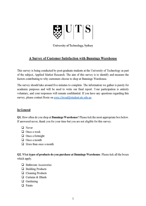A Survey of Customer Satisfaction with Bunnings Warehouse